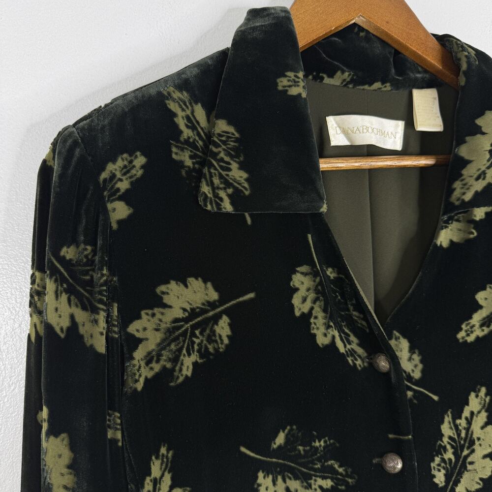 Dana Buchman Blazer Womens 12 Green Velvet Leaf Print Button Front Lined Jacket